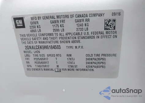 2017 Chevrolet Equinox Lt z USA, uszkodzony, nr VIN 2GNALCEK9H6184503